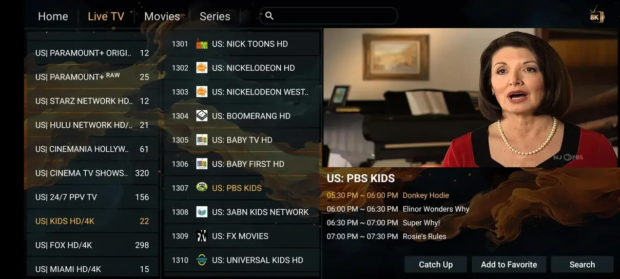 Shack TV modern user interface showing live sports categories