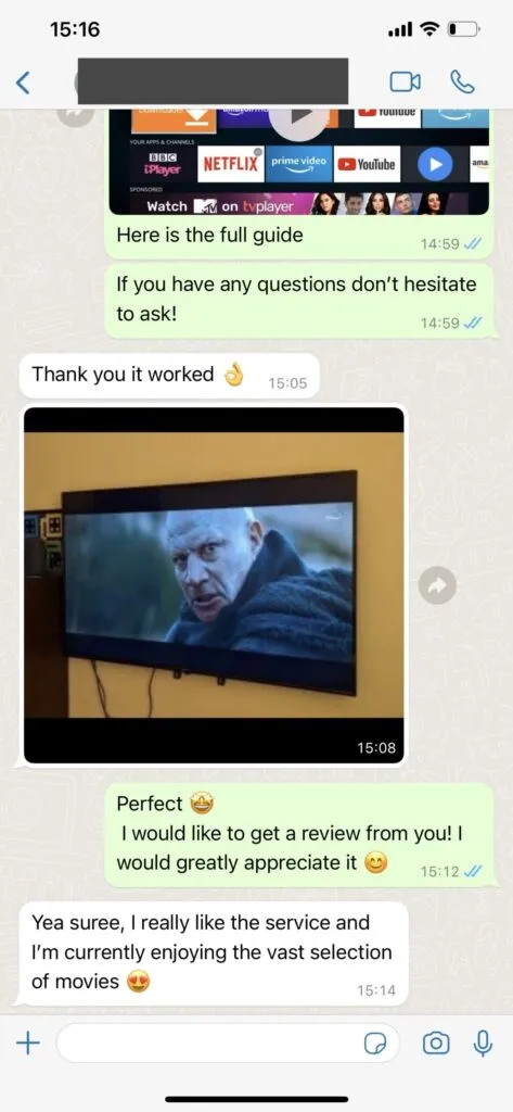 Shack TV real WhatsApp customer chat screenshot showing fast activation assistance