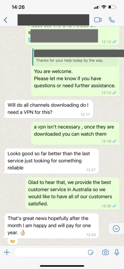 Customer thanking Shack TV support for resolving sports channel audio settings
